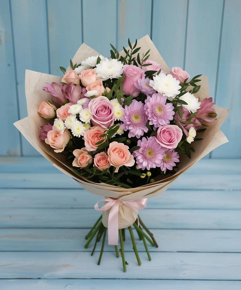 Букет цветов из: Хризантемы, Розы и Альстромерии в Красный Октябрь