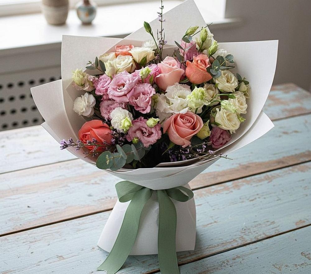 Букет цветов из: Розы, Лизиантусы и Гвоздики в Красный Октябрь