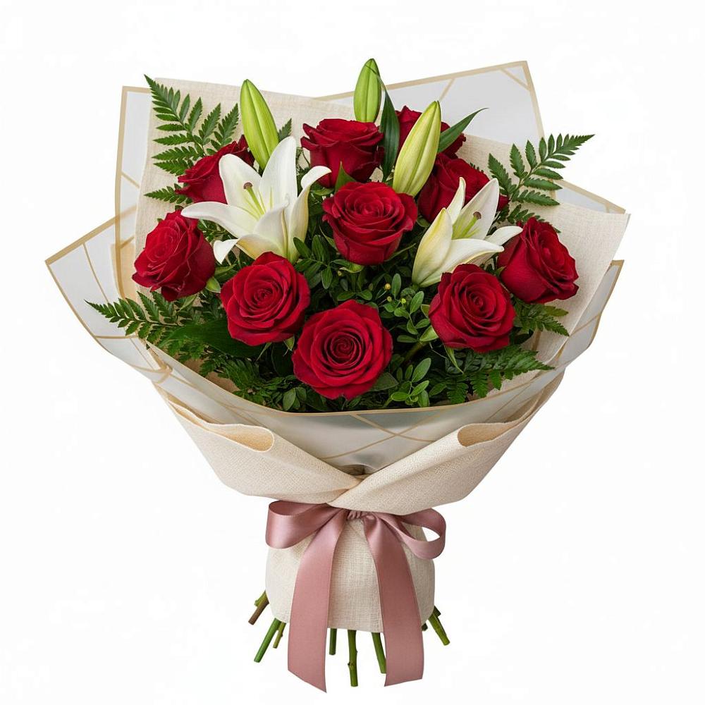 Букет цветов из: Лилии и Розы в Красный Октябрь