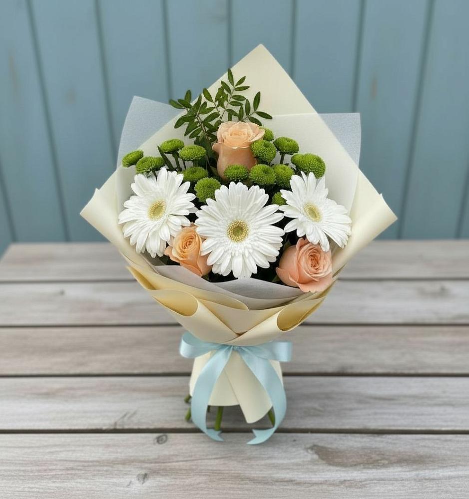 Букет цветов из: Герберы, Розы и Хризантемы в Красный Октябрь