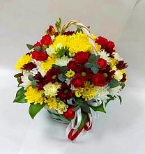 Цветочная композиция из Хризантемы и Розы в корзине #REPLACE_PRED# Красный Октябрь