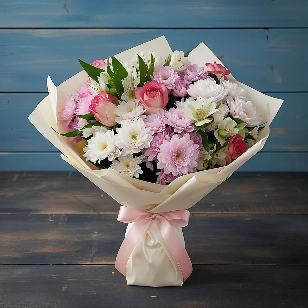 Букет цветов из: Хризантемы, Альстромерии и Розы в Красный Октябрь